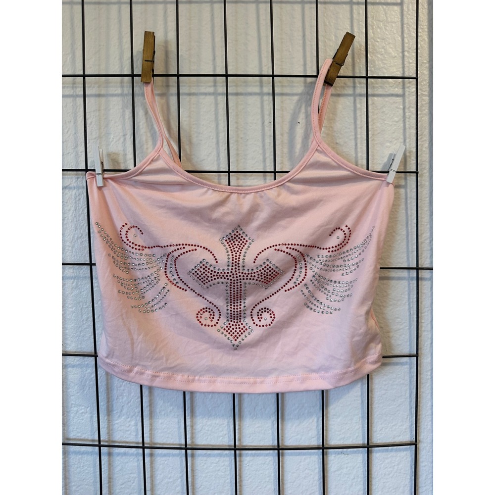 Romwe Pink Rhinestone Cross Wing Graphic Cami Crop Top XS US 2 Y2K Streetwear - Picture 8 of 11